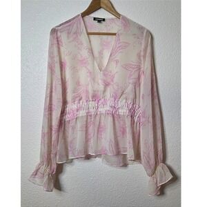 Express Sheer Pink Floral Blouse Romantic Coquette Cottagecore Boho Top L